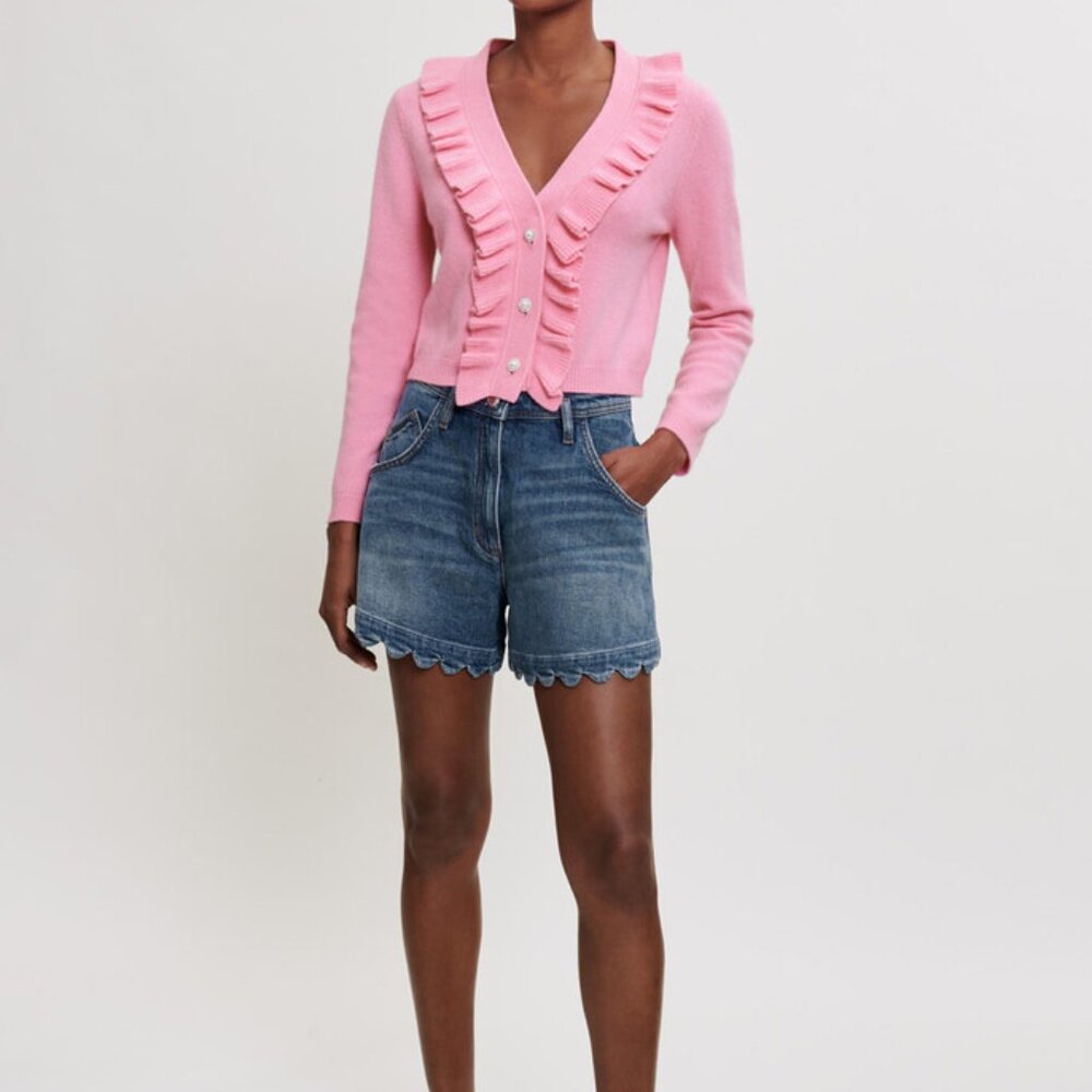 Maje Ruffled Wool-Blend Pink Cardigan - Picture 5 of 10